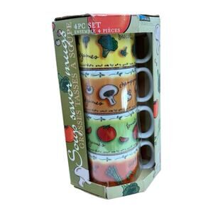 4pc Stackable Soup Mugs Set MSC Vegetable Ceramic Jocha Tea Coffee 14oz NOS VTG